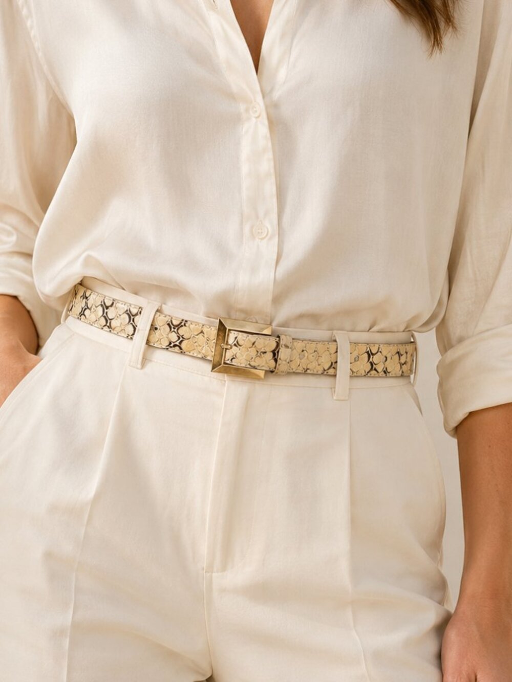 Vintage Ritz Genuine Snakeskin Belt Cream Brown Gold Square Buckle M/L